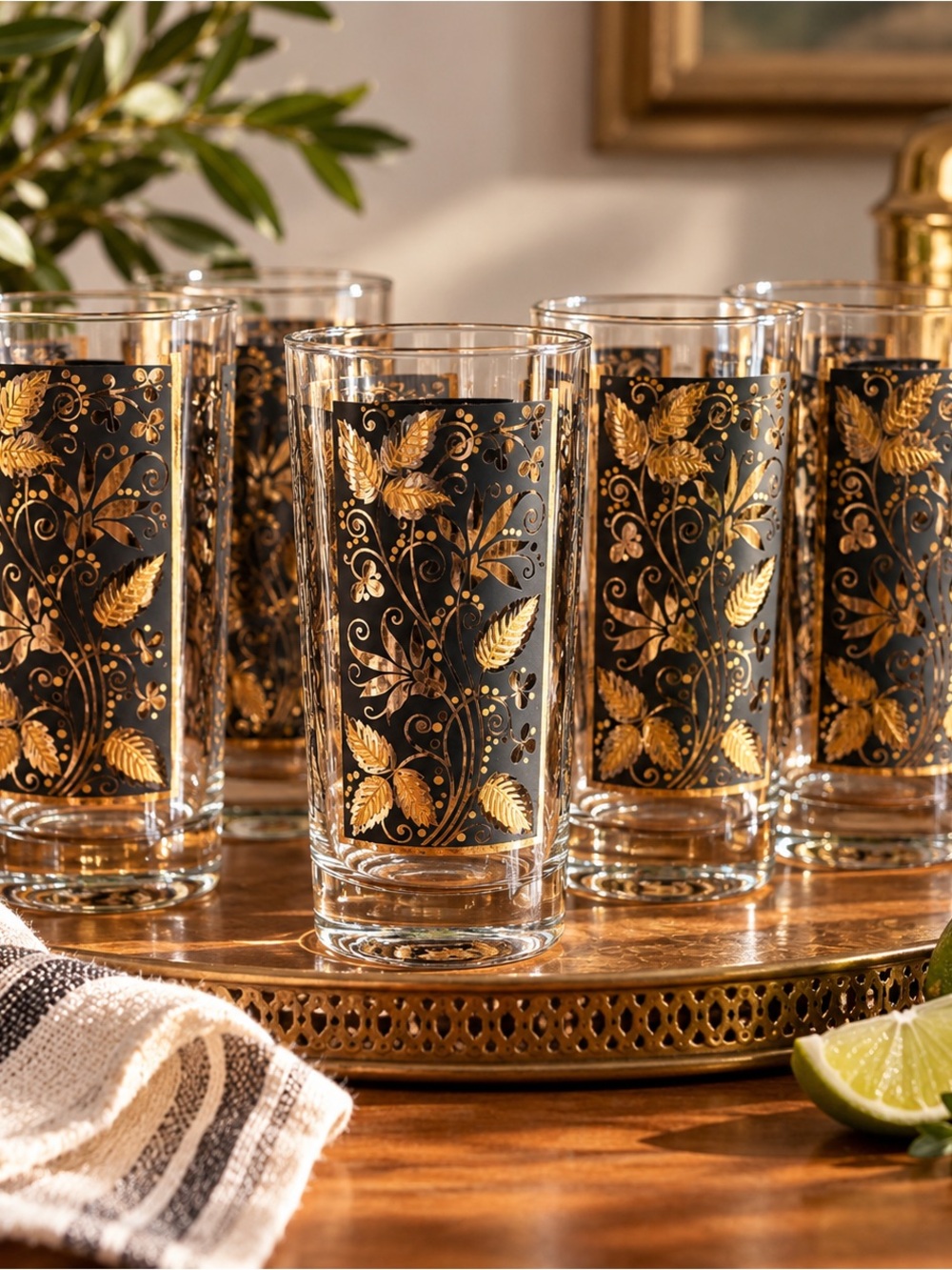 Vintage Libbey Black & Gold Floral Highball Glasses – Set of 6